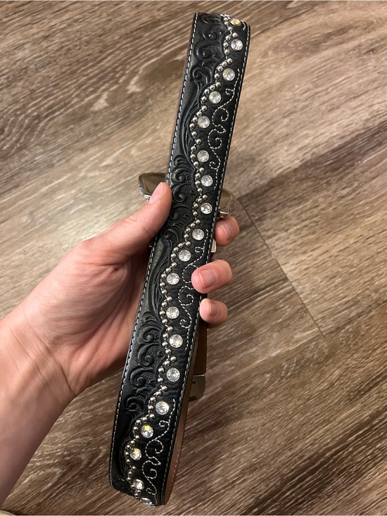 Tony Lama Black Leather Western Belt with Silver rhinestone Buckle